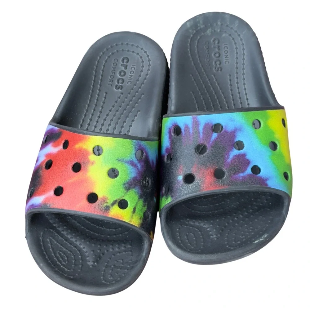 Crocs Classic Slide Kids Size 12 Black Rainbow Tie Dye Foam Comfort Sandal Boho